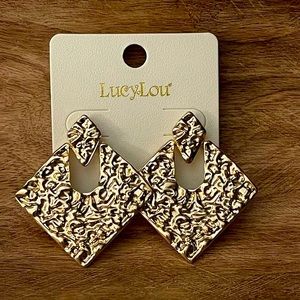 NEW Hammered Door Knocker Earrings • Diamond Shaped Gold Tone Retro Dangle Drop